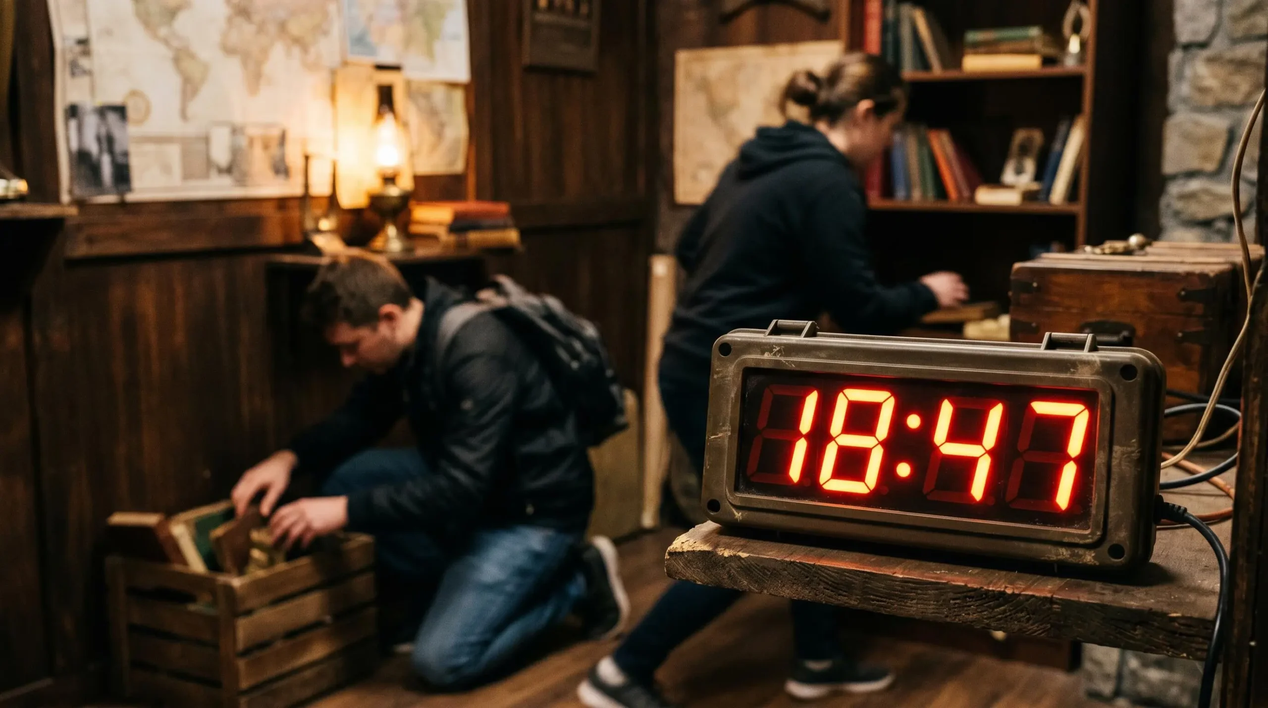Chronomètre digital affichant un décompte en gros plan, avec des joueurs en action légèrement flous à l'arrière-plan dans une salle d'escape game