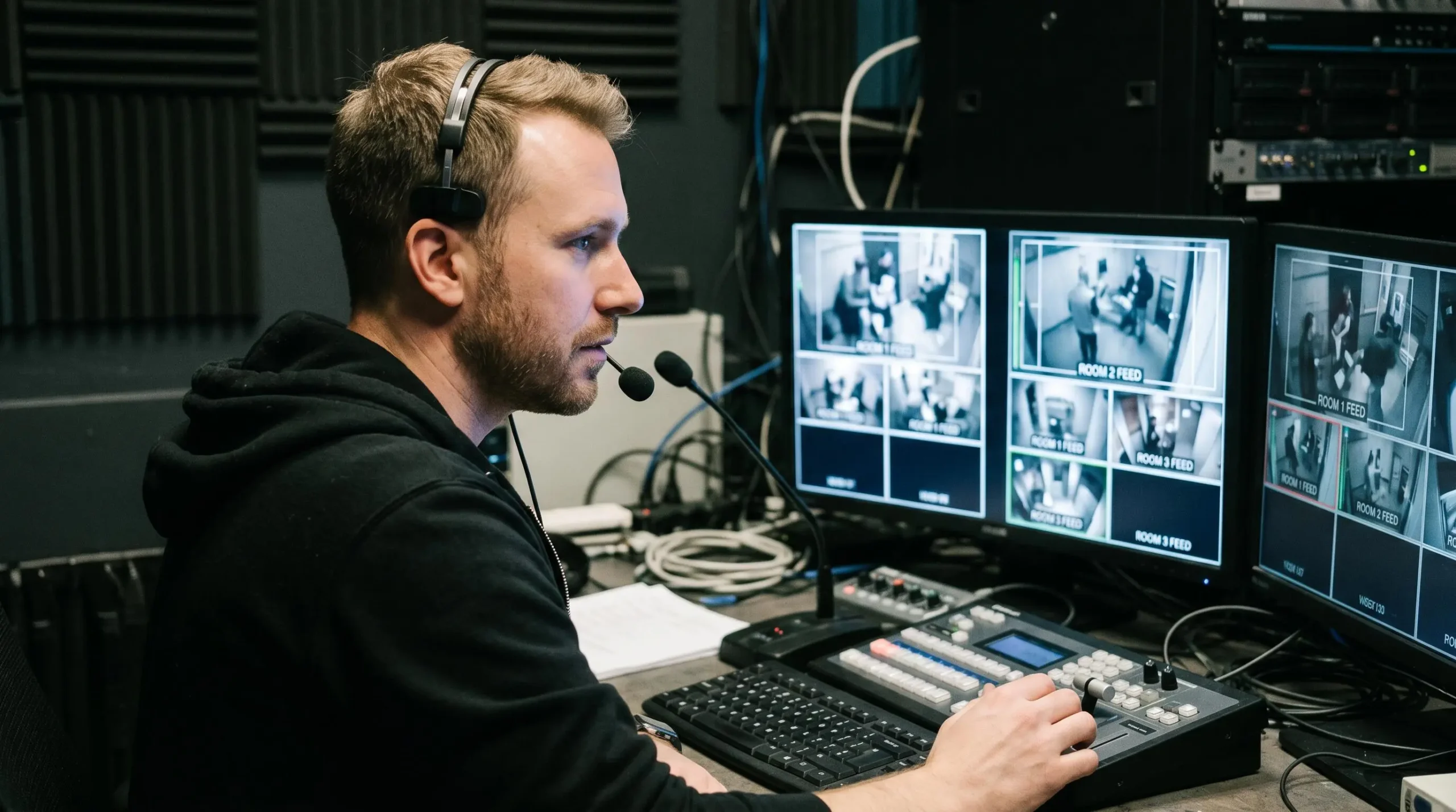 Game master concentré dans sa régie de surveillance, observant plusieurs écrans montrant les flux vidéo des salles d'escape game en temps réel
