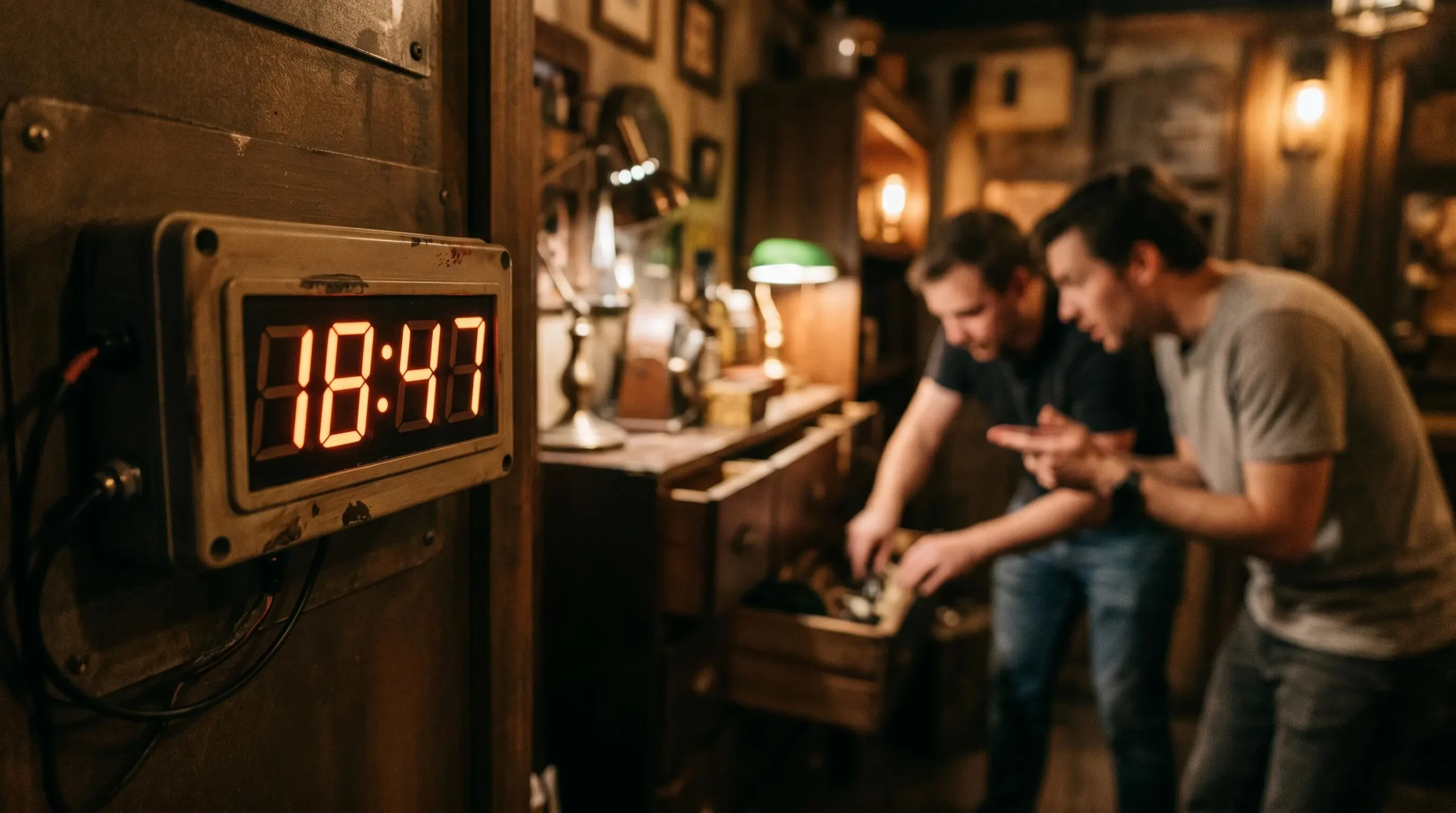 Chronomètre digital affichant un décompte en gros plan, avec des joueurs en action légèrement flous à l'arrière-plan dans une salle d'escape game