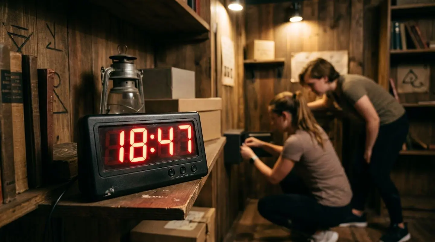 Chronomètre digital affichant un décompte en gros plan, avec des joueurs en action légèrement flous à l'arrière-plan dans une salle d'escape game