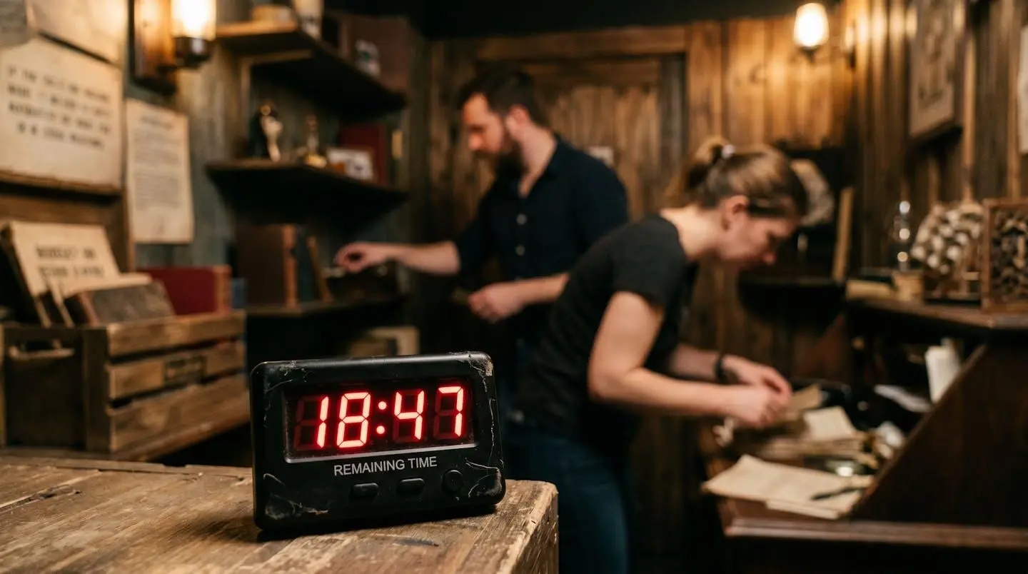 Chronomètre digital affichant un décompte en gros plan, avec des joueurs en action légèrement flous à l'arrière-plan dans une salle d'escape game