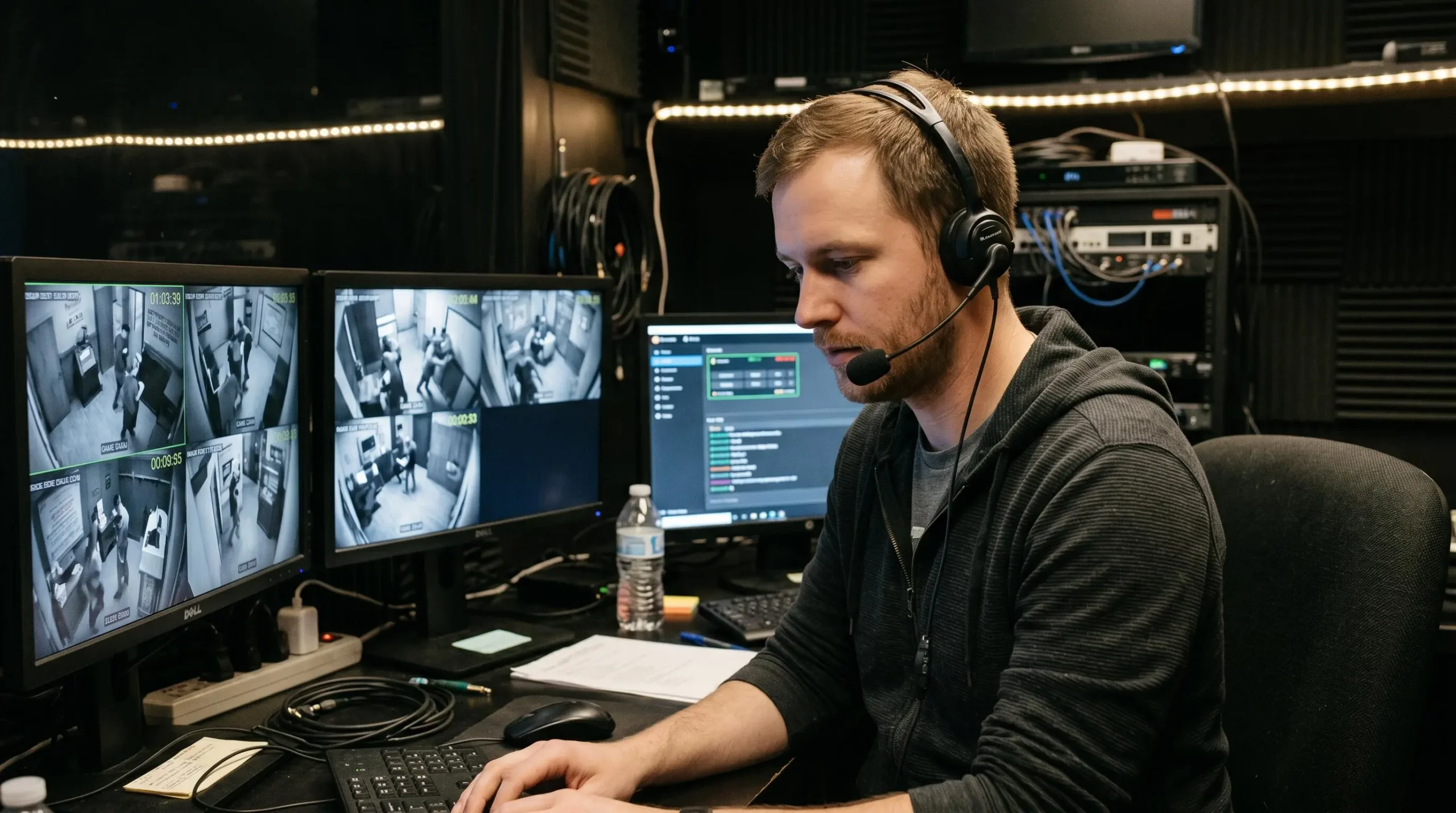 Game master concentré dans sa régie de surveillance, observant plusieurs écrans montrant les flux vidéo des salles d'escape game en temps réel
