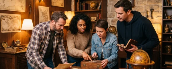 Groupe de quatre joueurs concentrés en train d'examiner des indices et objets dans une salle d'escape game au décor immersif de type aventure, éclairage d'ambiance chaleureux