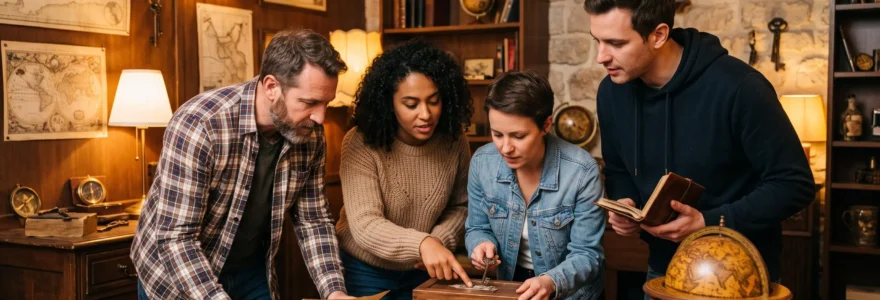 Groupe de quatre joueurs concentrés en train d'examiner des indices et objets dans une salle d'escape game au décor immersif de type aventure, éclairage d'ambiance chaleureux