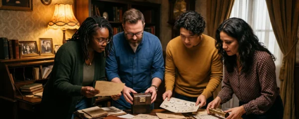 Groupe de quatre joueurs concentrés en train d'examiner des indices et objets dans une salle d'escape game au décor immersif de type aventure, éclairage d'ambiance chaleureux