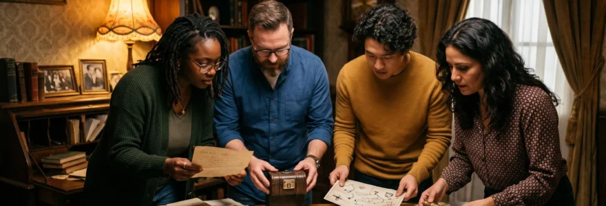 Groupe de quatre joueurs concentrés en train d'examiner des indices et objets dans une salle d'escape game au décor immersif de type aventure, éclairage d'ambiance chaleureux
