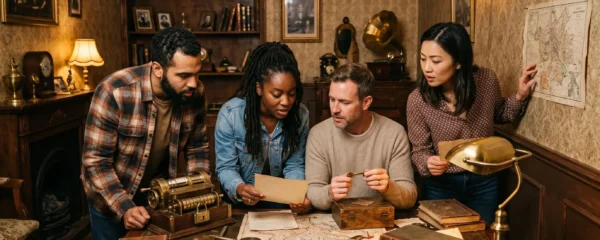 Groupe de quatre joueurs concentrés en train d'examiner des indices et objets dans une salle d'escape game au décor immersif de type aventure, éclairage d'ambiance chaleureux